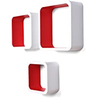 SONGMICS Juego de 3 estantes para libros CDs Estanterías de pared Cubos retro blanco-rojo LWS80R